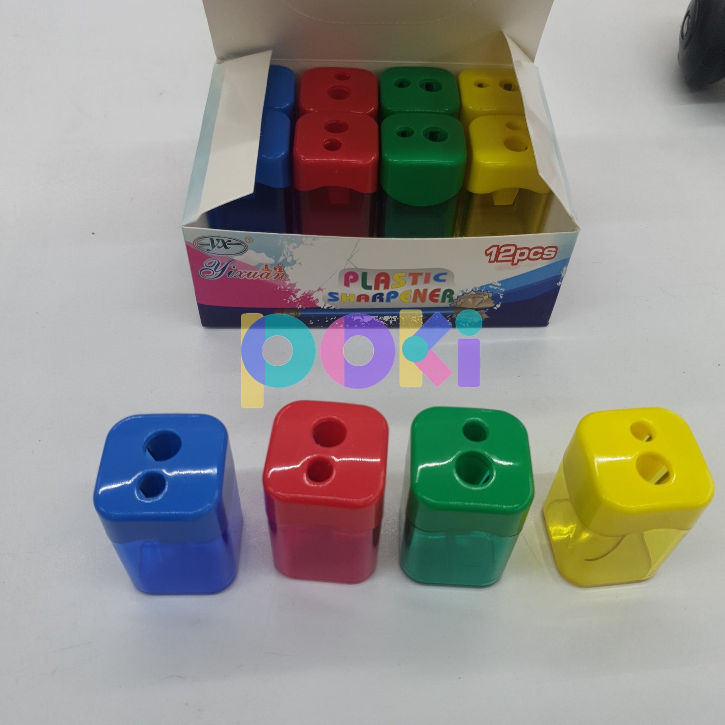 Caja de 12 sacapuntas de plastico dobles, con contenedor para basura de lápiz, diferentes colores