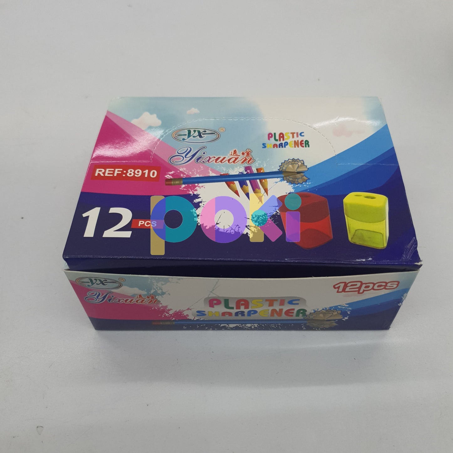 Caja de 12 sacapuntas de plastico dobles, con contenedor para basura de lápiz, diferentes colores