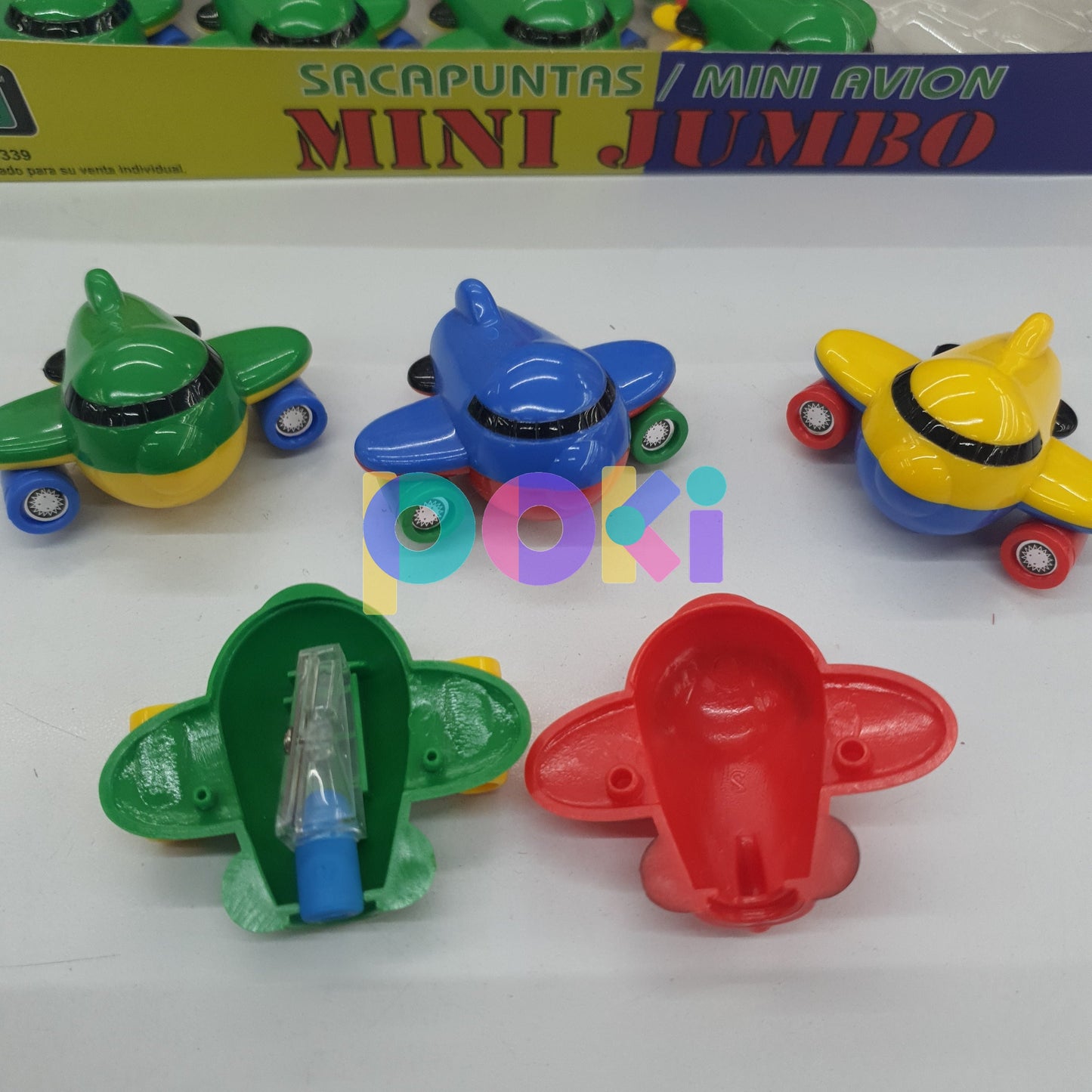 Colección de 4 sacapuntas "Mini avión", 4 colores, rojo, azul, verde y amarillo