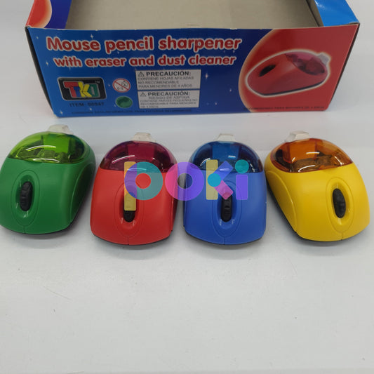 Colección de 4 Sacapuntas tipo "Mouse" dobles, con goma y limpiador, en colores azul, verde, rojo y amarillo