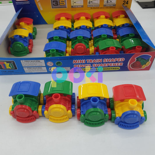 Colección de 4 sacapuntas tipo "mini tren", con removedor de puntas rotas, colores azul, verde, amarillo y rojo